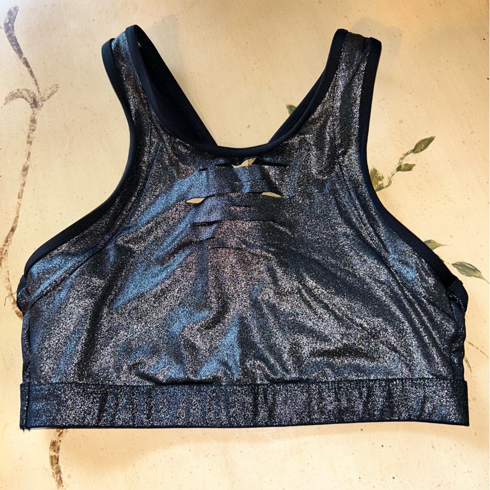 PINK Victoria’s Secret Ultimate Black Metallic Silver Front Slits Sports Bra